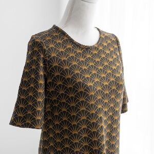 LOFT Ann Taylor Olive Green Fan Print Short Sleeve Knit Shift Dress